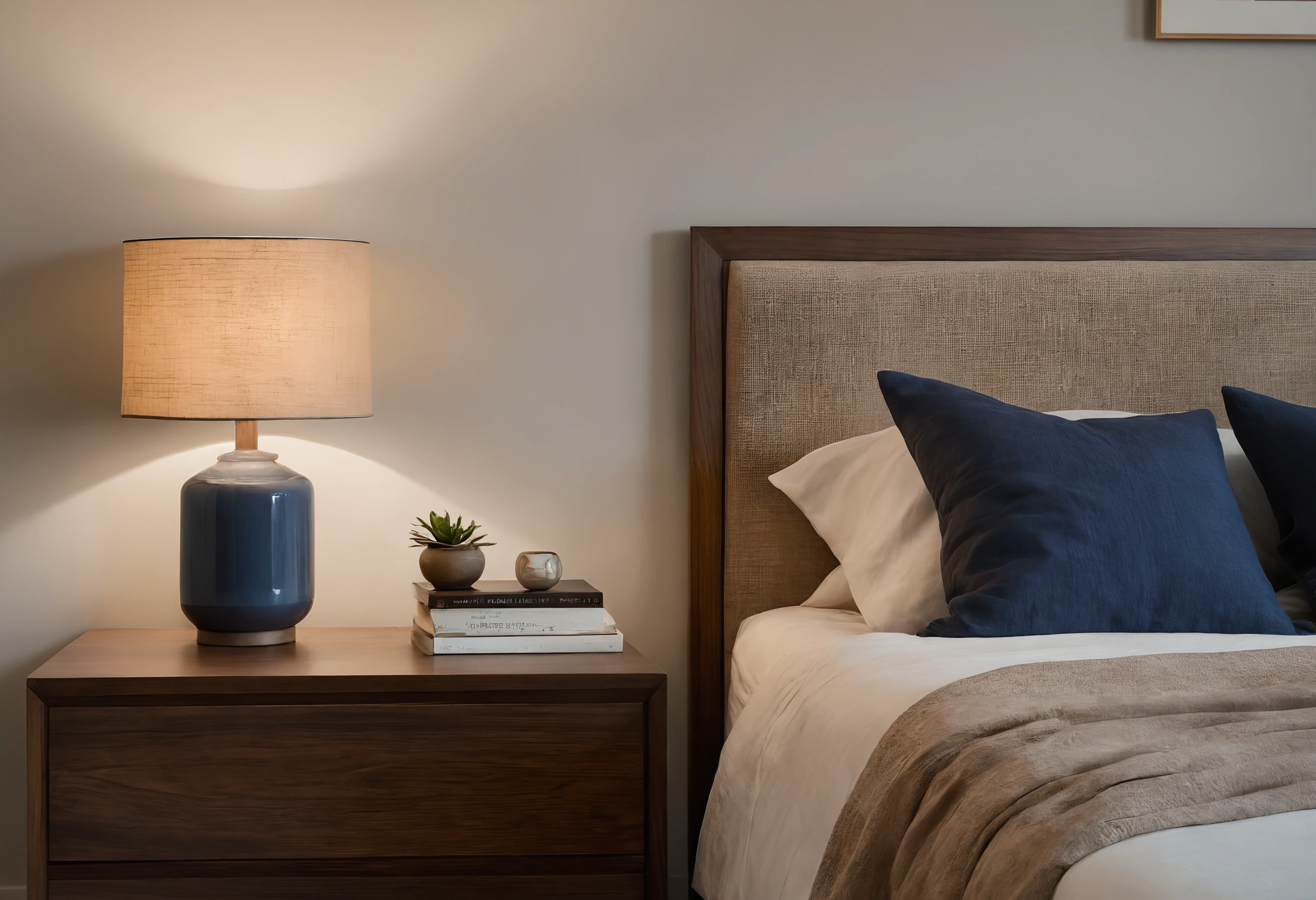 Apartment bedroom with a walnut bedside table, an upholstered headboard and a warm table lamp beside linen bedding