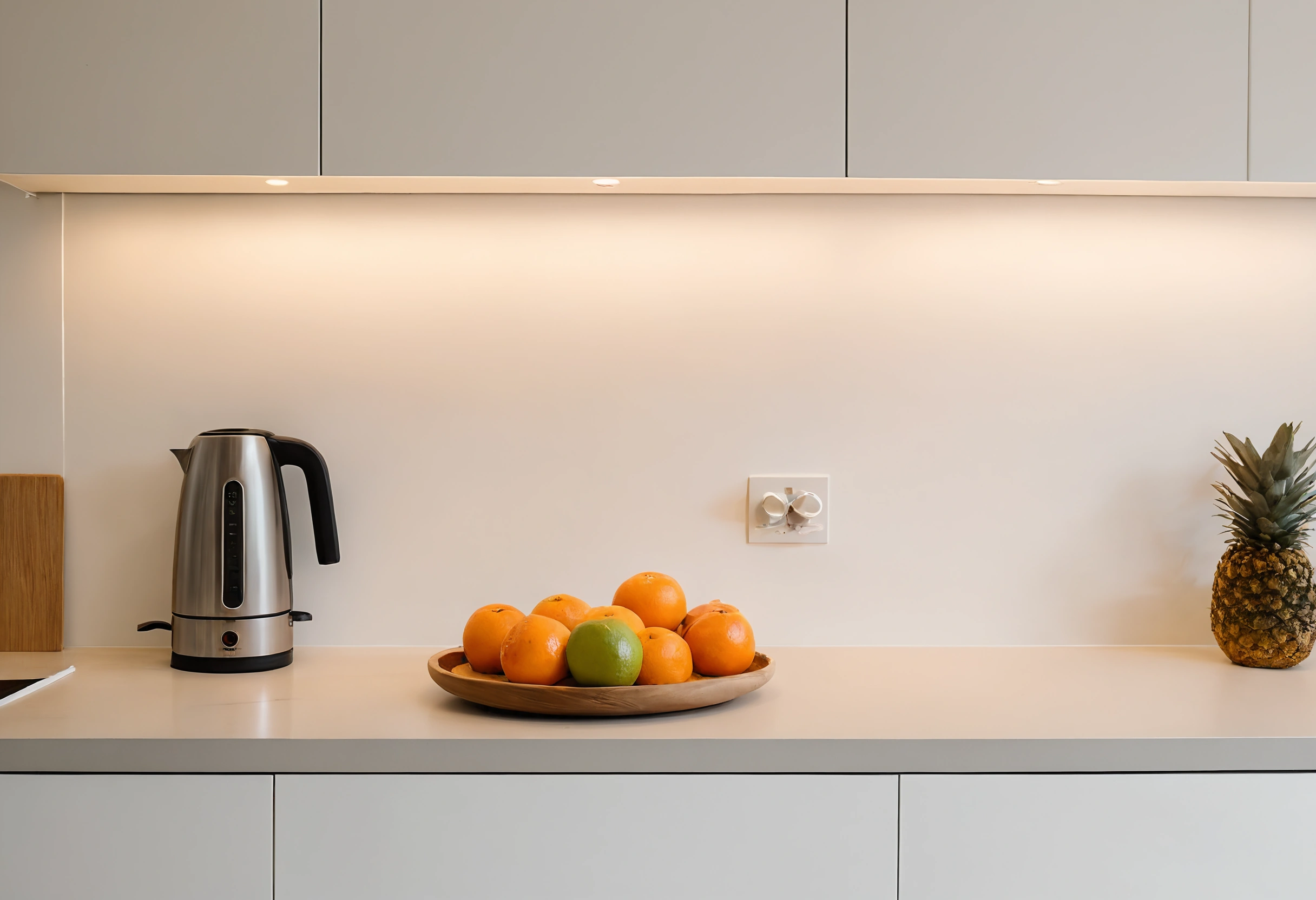 Apartment kitchen with a warm LED strip under white wall cabinets lighting a pale worktop, a kettle and a bowl of oranges