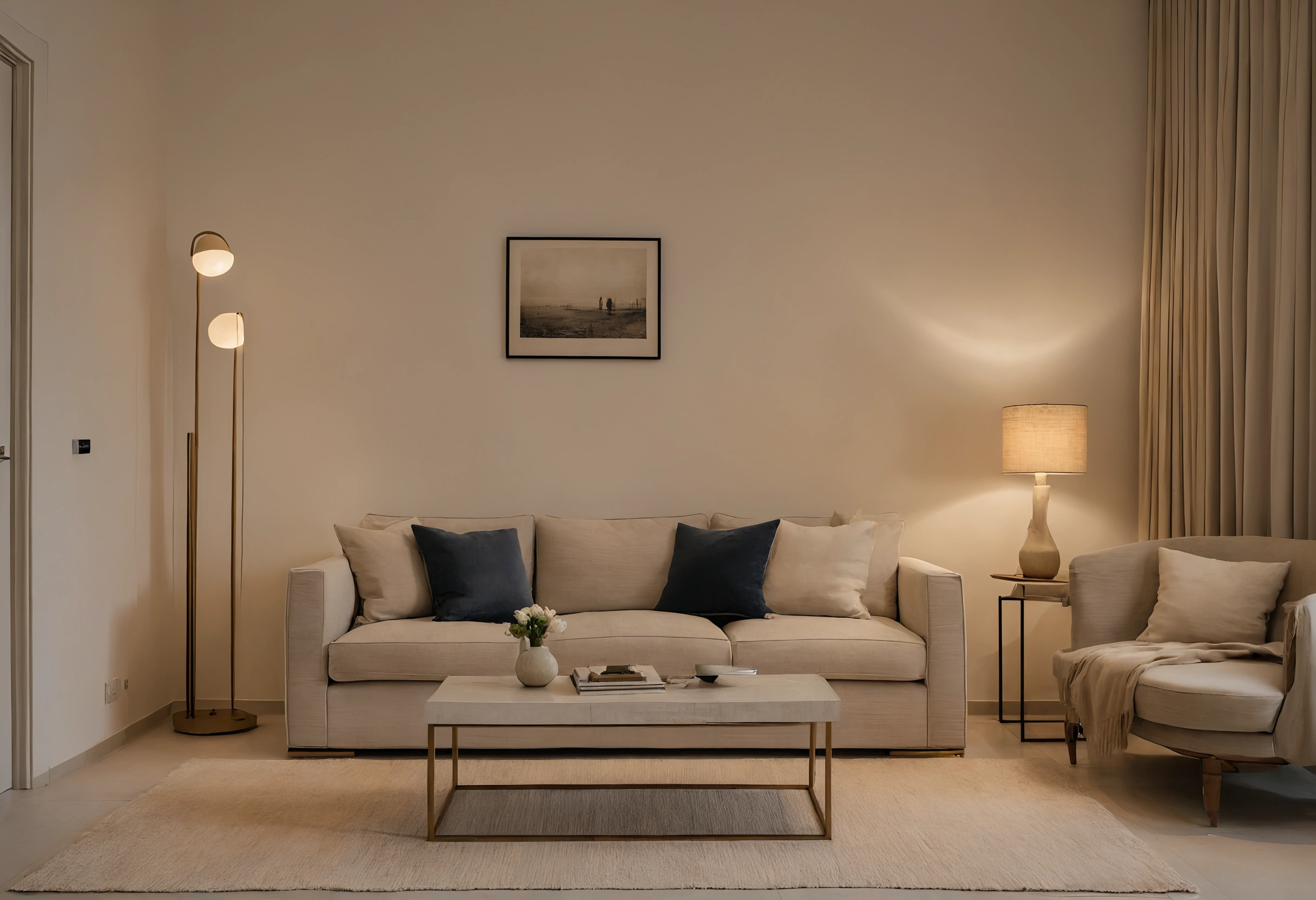 Apartment living room in the evening lit by two floor lamps and a table lamp beside a linen sofa, with the ceiling light off