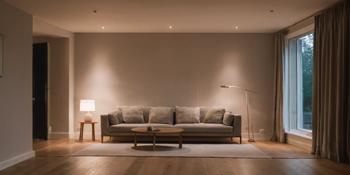 A living room at dusk lit by a floor lamp, a wall washer and a hidden cove light