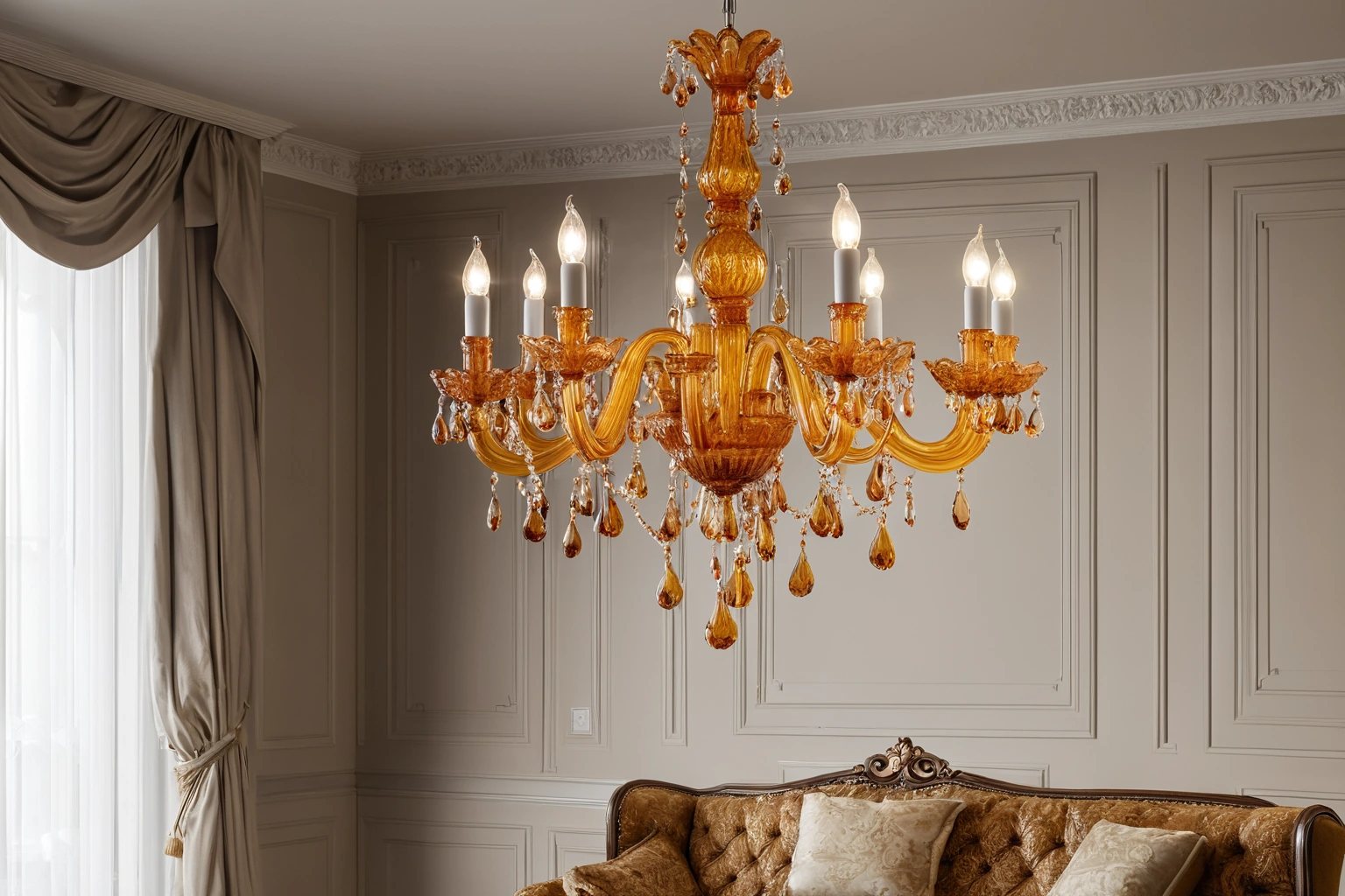 Murano glass chandelier above classic furniture in a bright interior