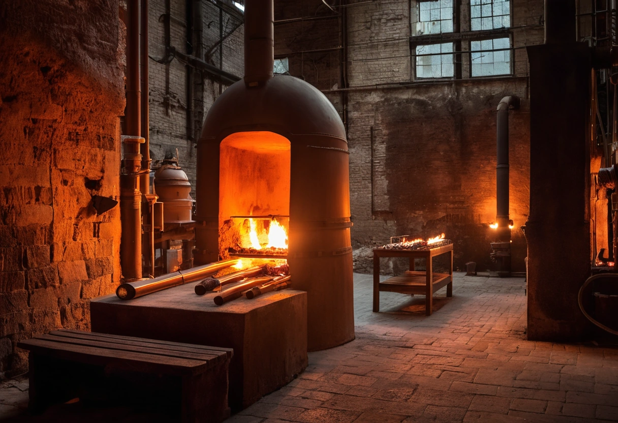 Glass furnace hall on Murano with glowing furnace mouths and tools