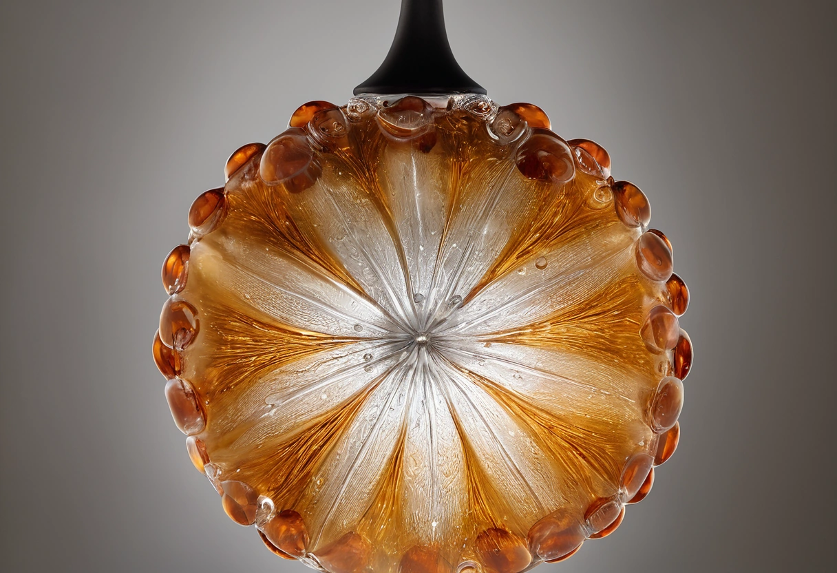 photorealistic close-up of a Murano glass pendant with hand-formed petals and bubbles in the glass, warm