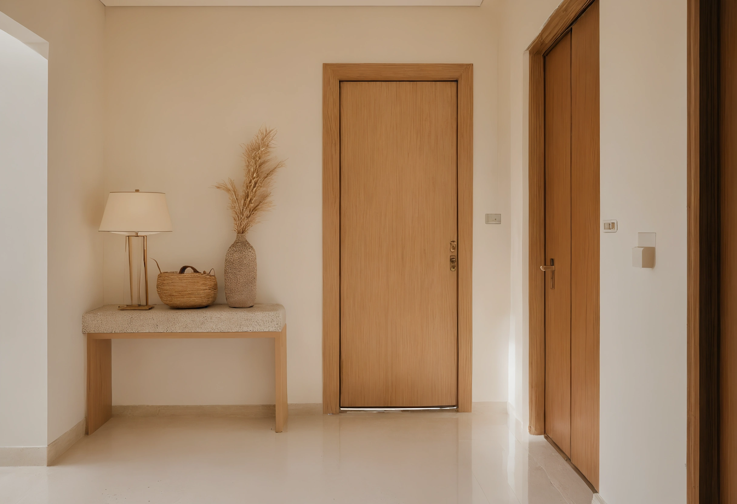 Villa hallway in warm evening light with oak doors, a light switch by the door frame and a table lamp on a pale console
